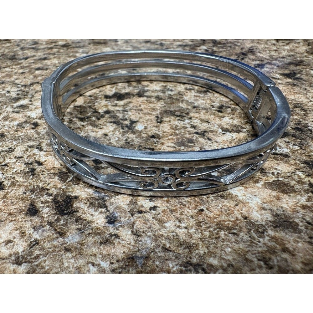 Silver Tone Hinged Bangle Bracelet Filigree Scroll CZ Rhinestone 7” Vintage